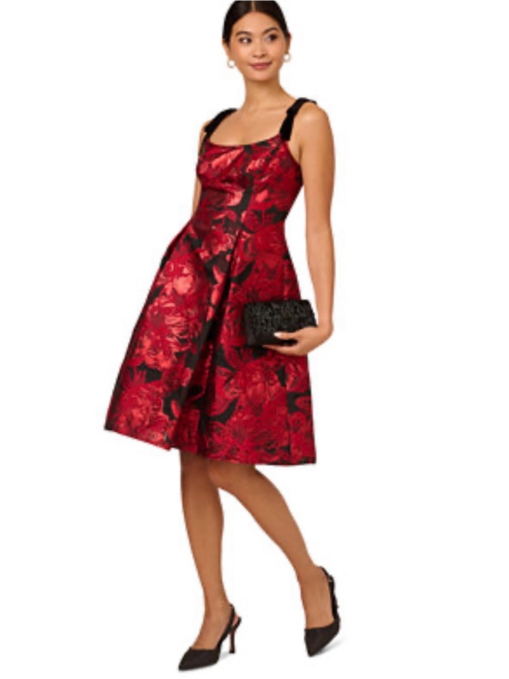 Adrianna Papell Women's Red Metallic Jacquard Floral Bow-Strap Dress Size 4